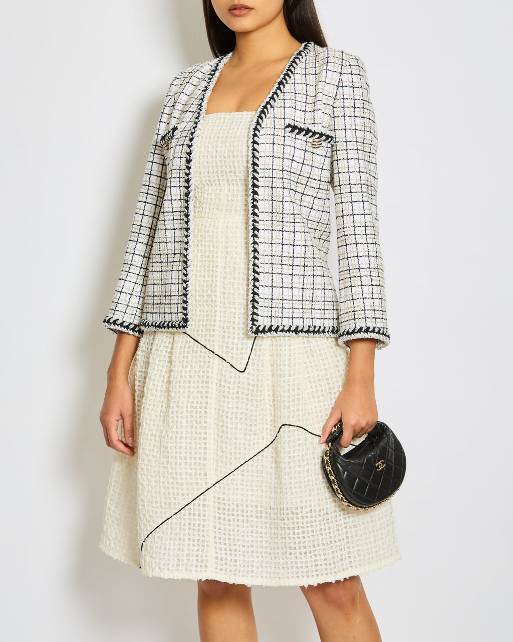 Chanel 24/C White, Black, Gold Check Tweed Jacket with Silver Black Trim Detail CC Button Size FR 36 (UK 8)