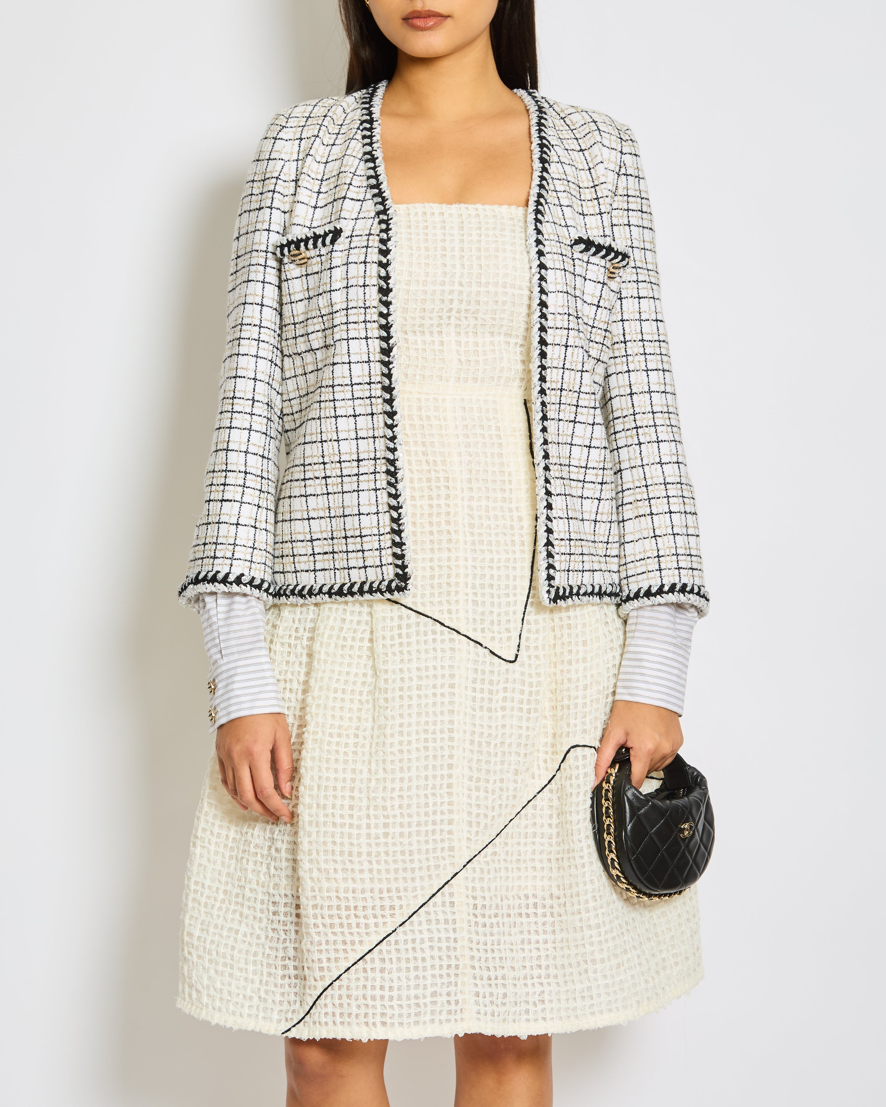 Chanel 24/C White, Black, Gold Check Tweed Jacket with Silver Black Trim Detail CC Button Size FR 36 (UK 8)