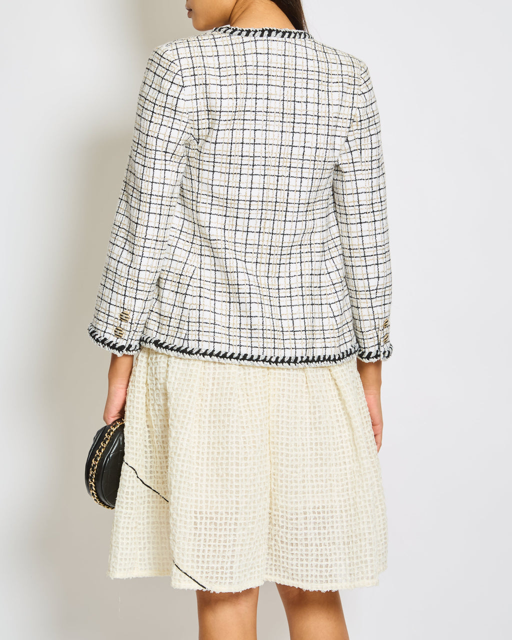 Chanel 24/C White, Black, Gold Check Tweed Jacket with Silver Black Trim Detail CC Button Size FR 36 (UK 8)