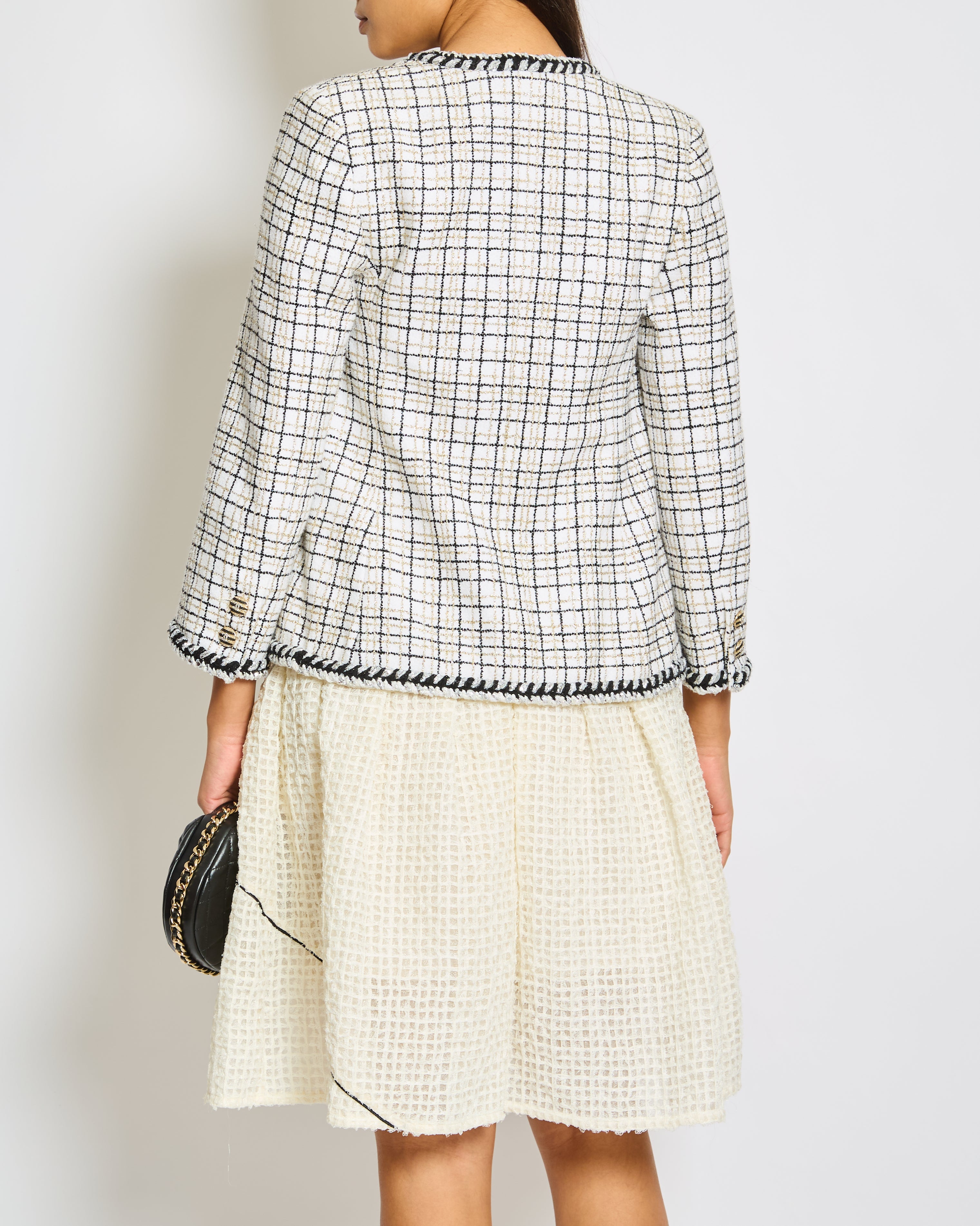 Chanel 24/C White, Black, Gold Check Tweed Jacket with Silver Black Trim Detail CC Button Size FR 36 (UK 8)