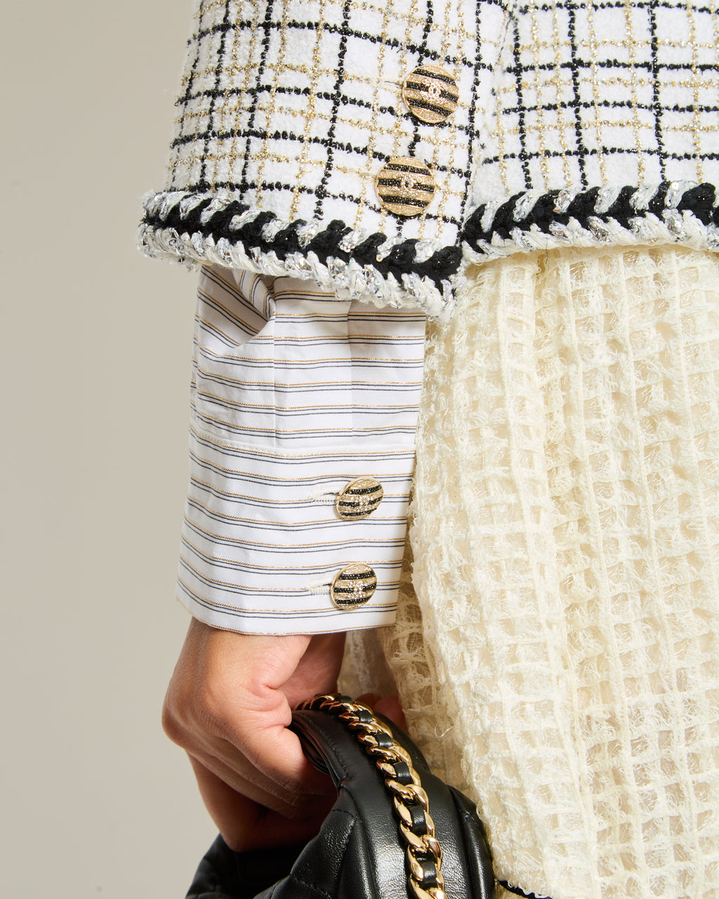 Chanel 24/C White, Black, Gold Check Tweed Jacket with Silver Black Trim Detail CC Button Size FR 36 (UK 8)