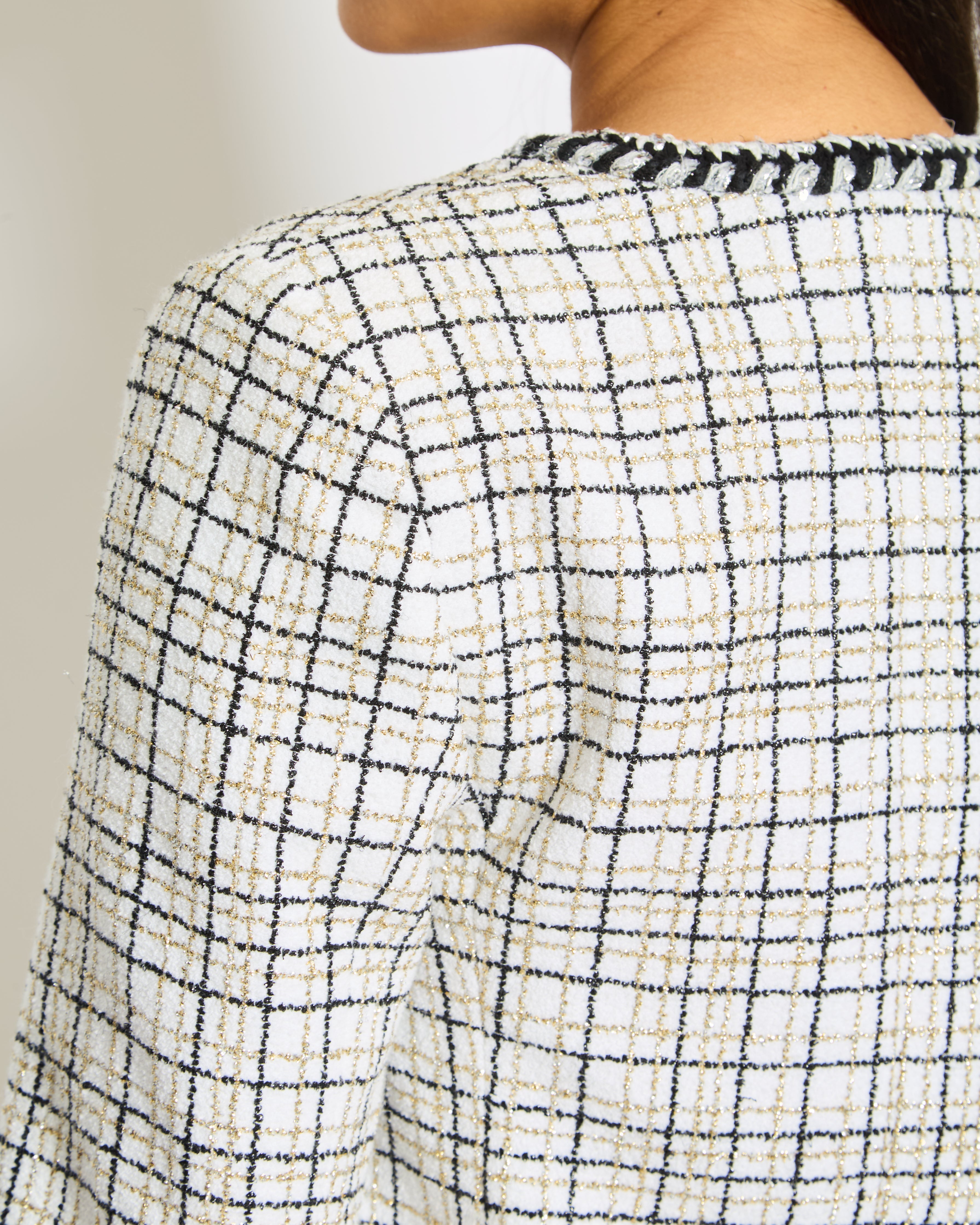 Chanel 24/C White, Black, Gold Check Tweed Jacket with Silver Black Trim Detail CC Button Size FR 36 (UK 8)