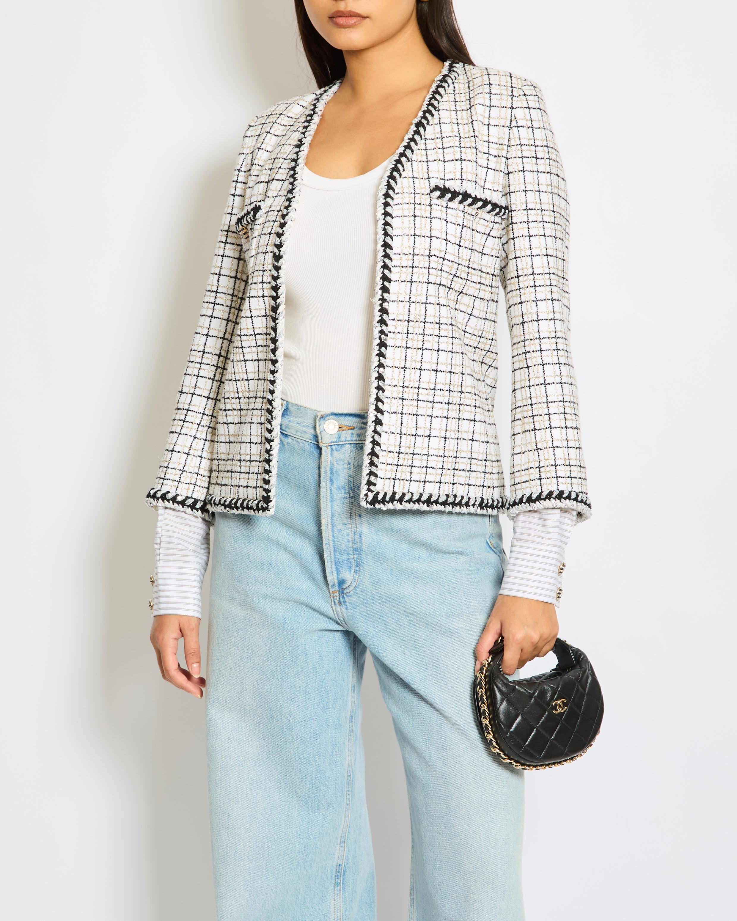 Chanel 24/C White, Black, Gold Check Tweed Jacket with Silver Black Trim Detail CC Button Size FR 36 (UK 8)