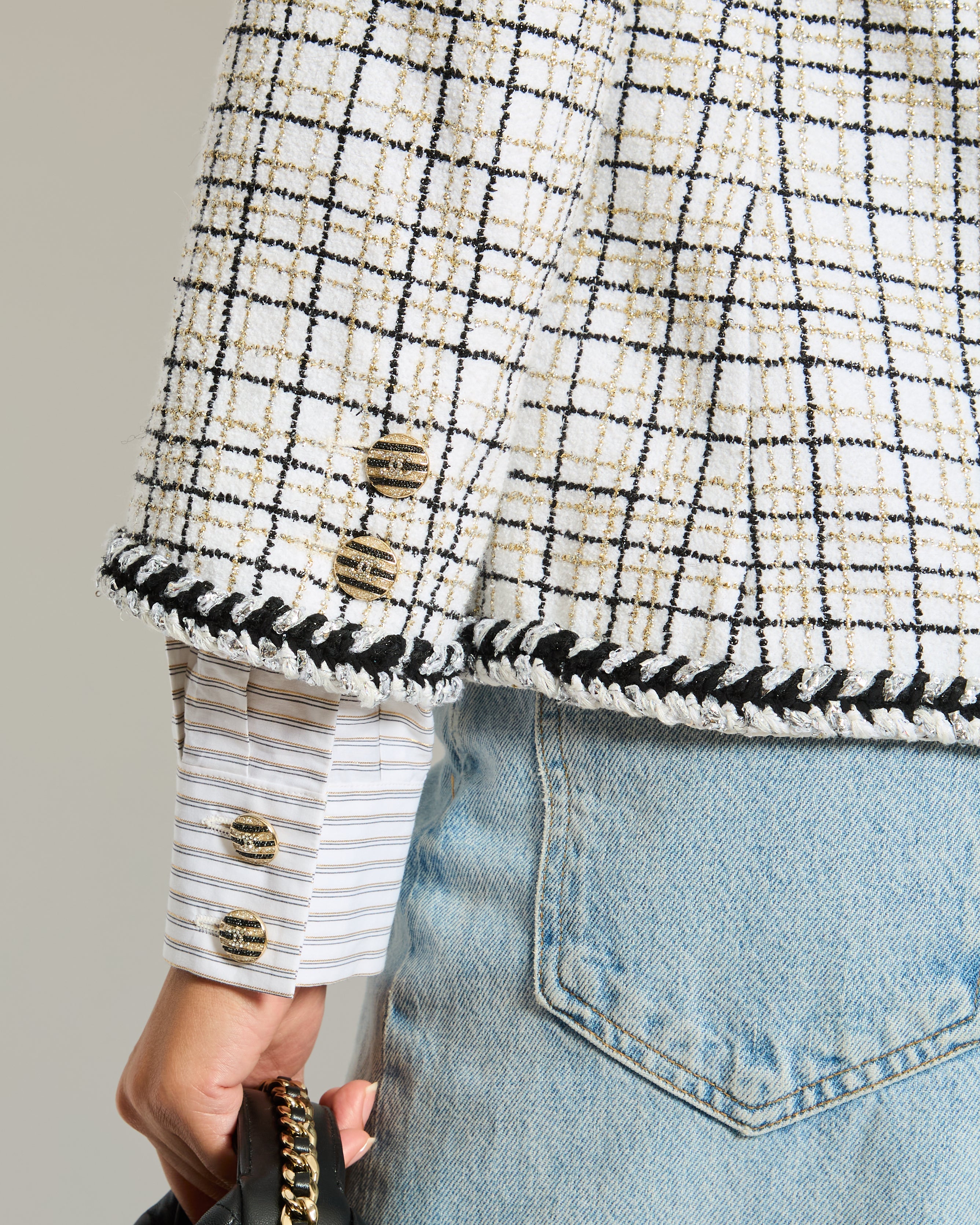 Chanel 24/C White, Black, Gold Check Tweed Jacket with Silver Black Trim Detail CC Button Size FR 36 (UK 8)