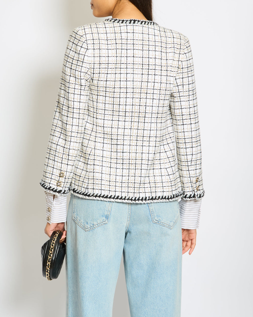 Chanel 24/C White, Black, Gold Check Tweed Jacket with Silver Black Trim Detail CC Button Size FR 36 (UK 8)