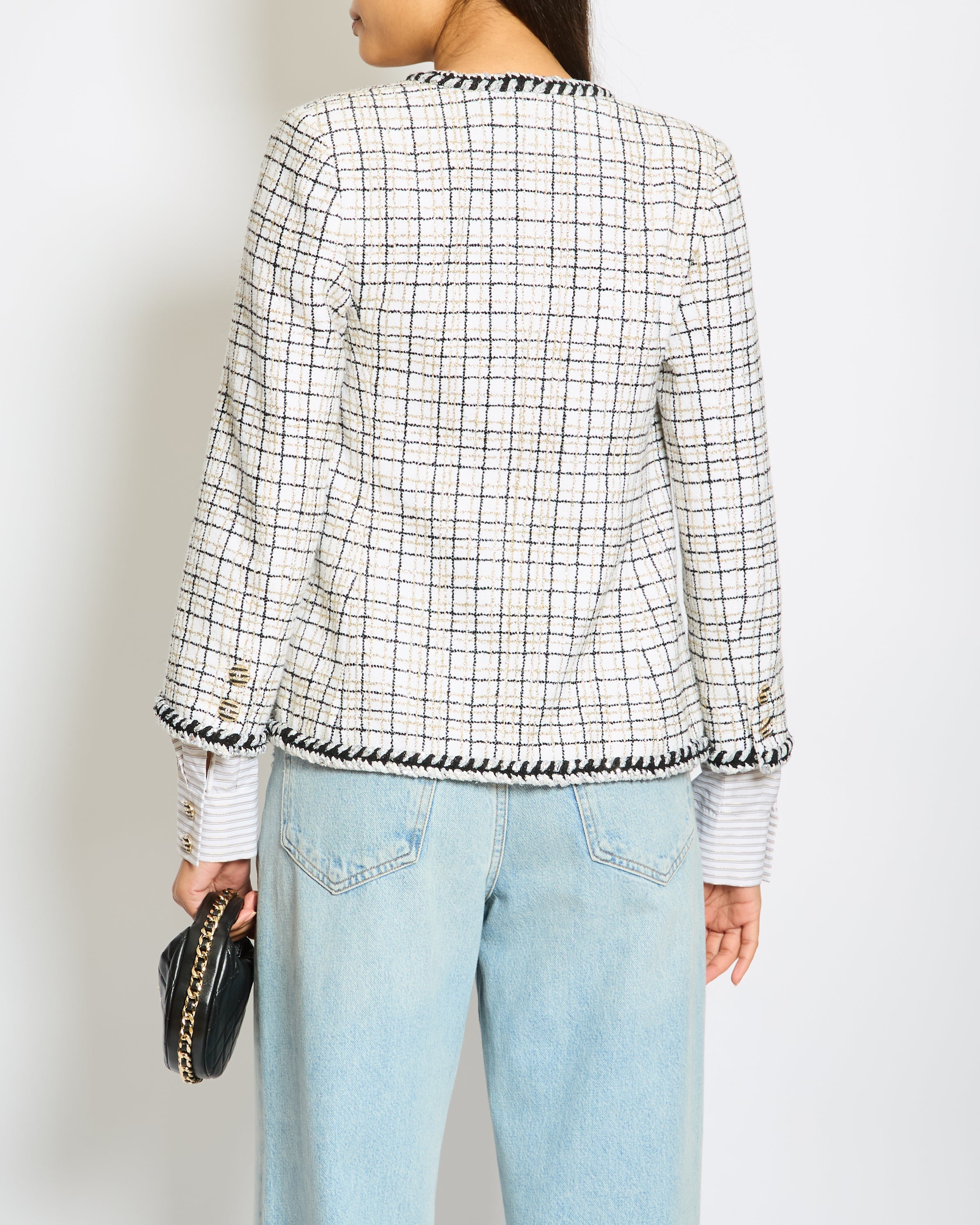 Chanel 24/C White, Black, Gold Check Tweed Jacket with Silver Black Trim Detail CC Button Size FR 36 (UK 8)