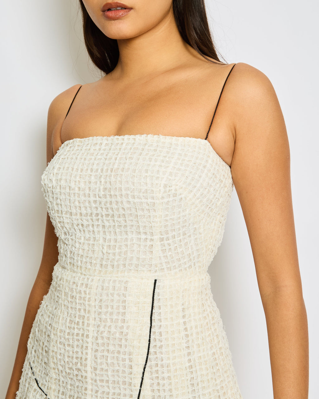 Chanel Spring-Summer 2012 Cream, Black Simple Strap Organza Check Dress Size FR 36 (UK 8)