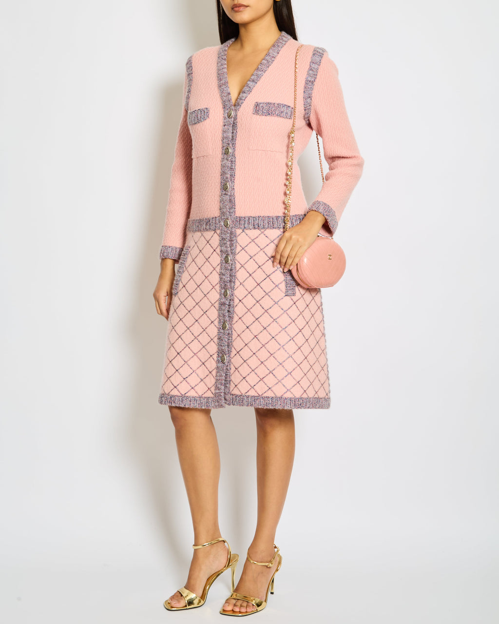 Chanel 15/A Pink Long Sleeve Knitted Dress with Pockets and Navy Blue Stripes and Camellia Logo Buttons Detailing Size FR 40 (UK 12)