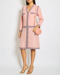 Chanel 15/A Pink Long Sleeve Knitted Dress with Pockets and Navy Blue Stripes and Camellia Logo Buttons Detailing Size FR 40 (UK 12)