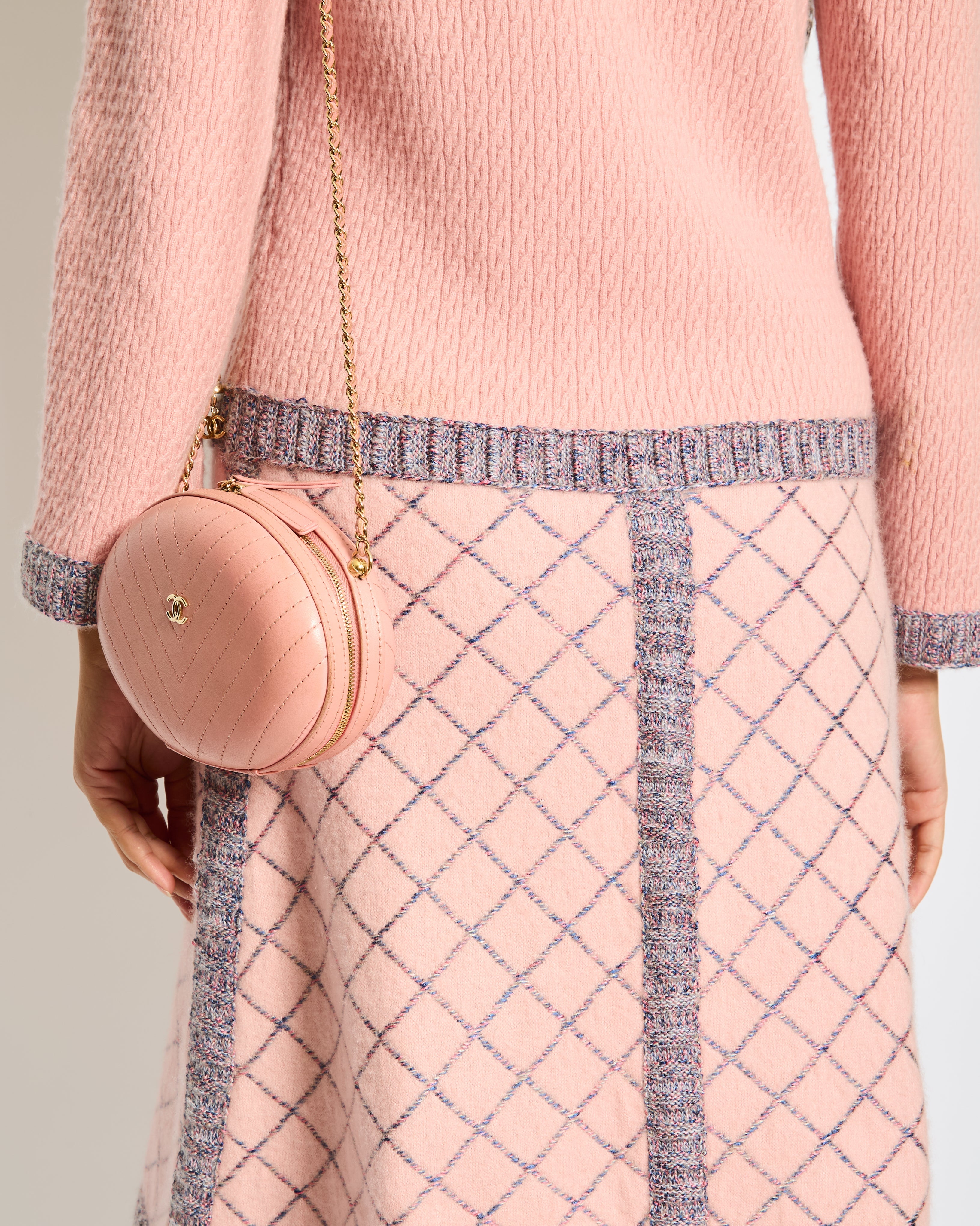 Chanel 15/A Pink Long Sleeve Knitted Dress with Pockets and Navy Blue Stripes and Camellia Logo Buttons Detailing Size FR 40 (UK 12)