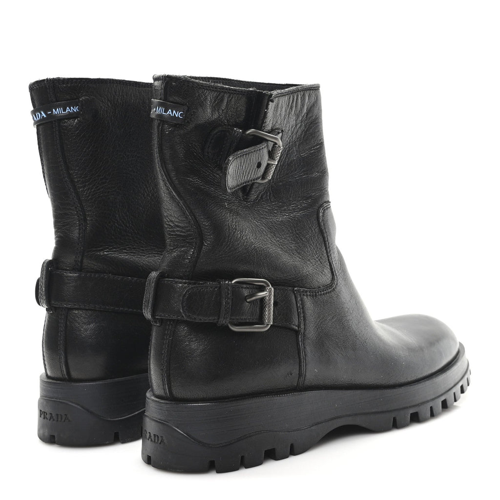 Prada Calfskin Double Buckle Combat Boots 37 Black