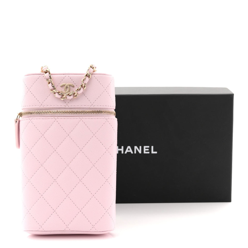Caviar Quilted Phone Holder With Chain Light Pink