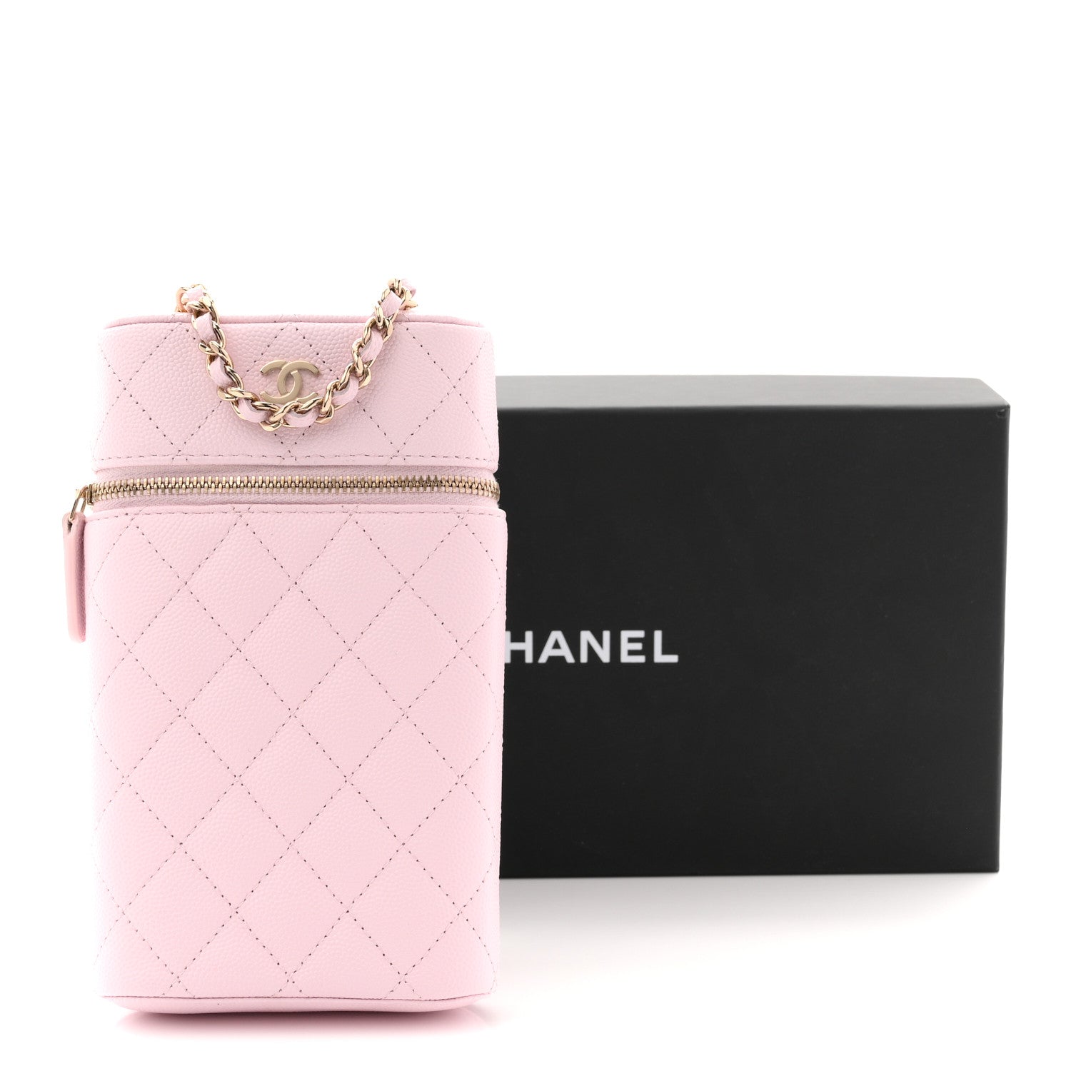 Caviar Quilted Phone Holder With Chain Light Pink