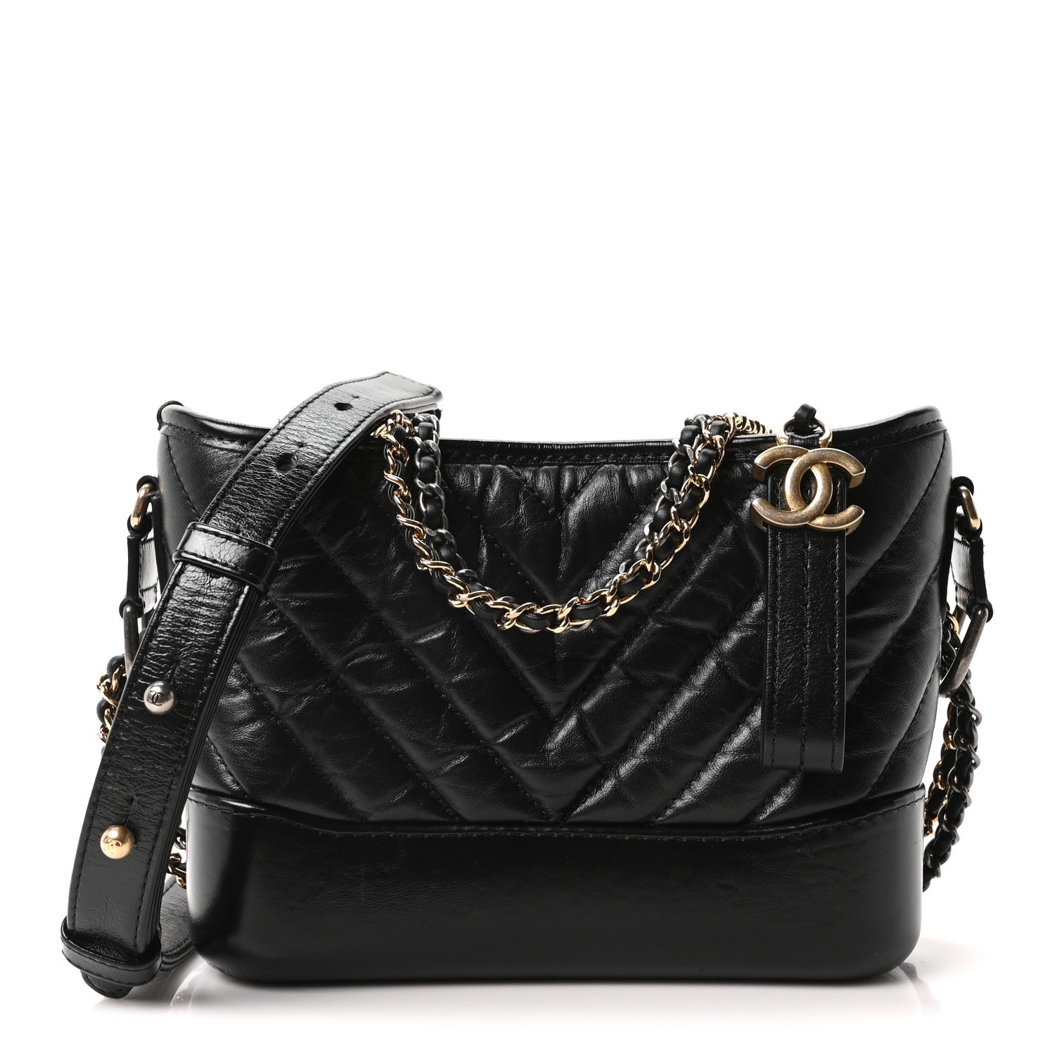 Chanel Aged Calfskin Chevron Quilted Small Gabrielle Hobo Black