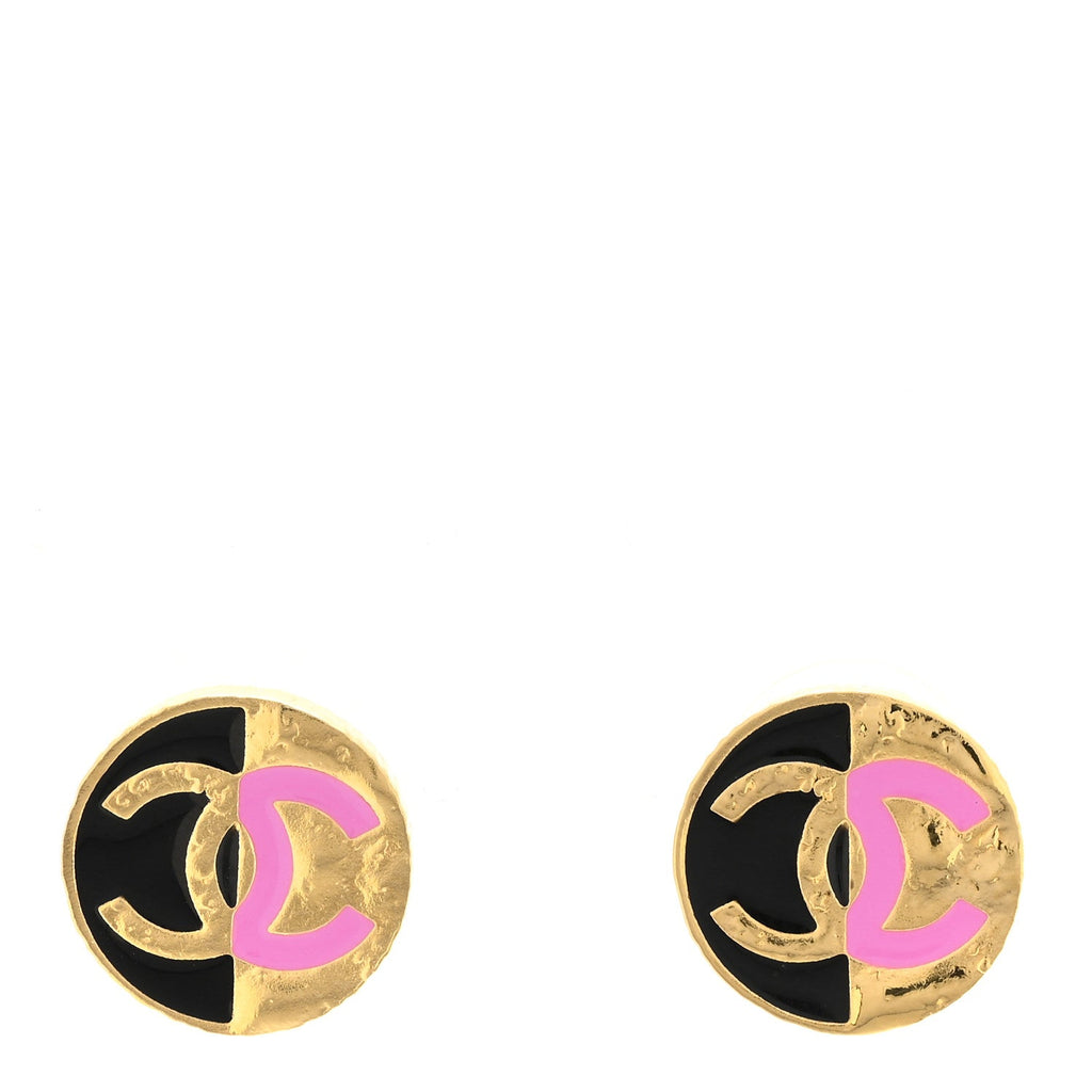 Metal Enamel CC Round Earrings Gold Pink Black