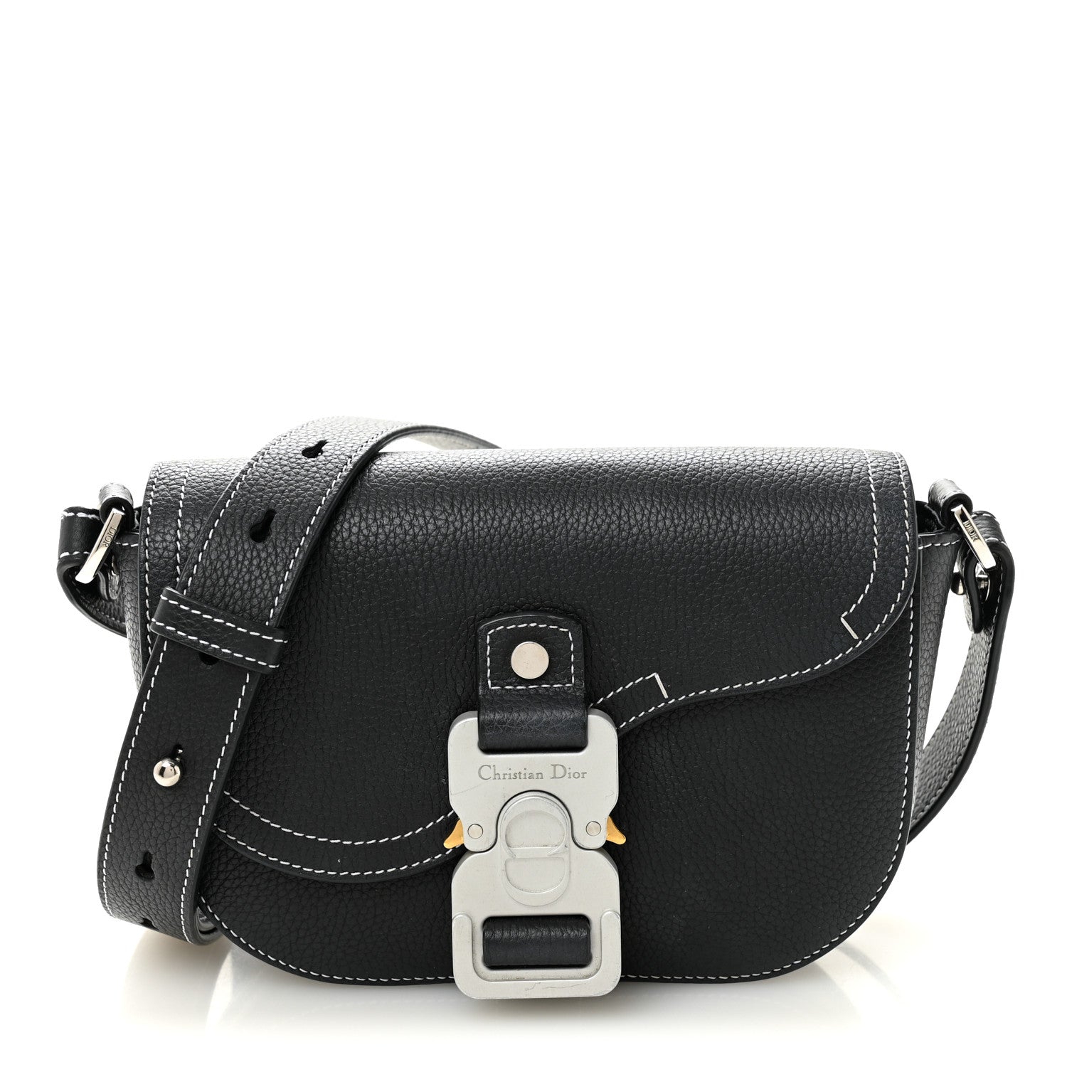 Christian Dior Grained Calfskin Saddle Messenger Bag With Strap Black