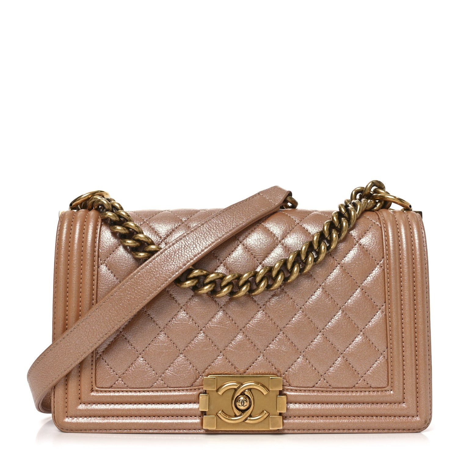 Chanel Metallic Calfskin Quilted Medium Boy Flap Dark Beige