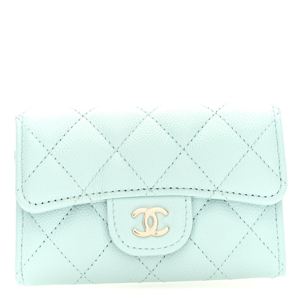 Caviar Quilted Flap Card Holder Wallet Light Blue