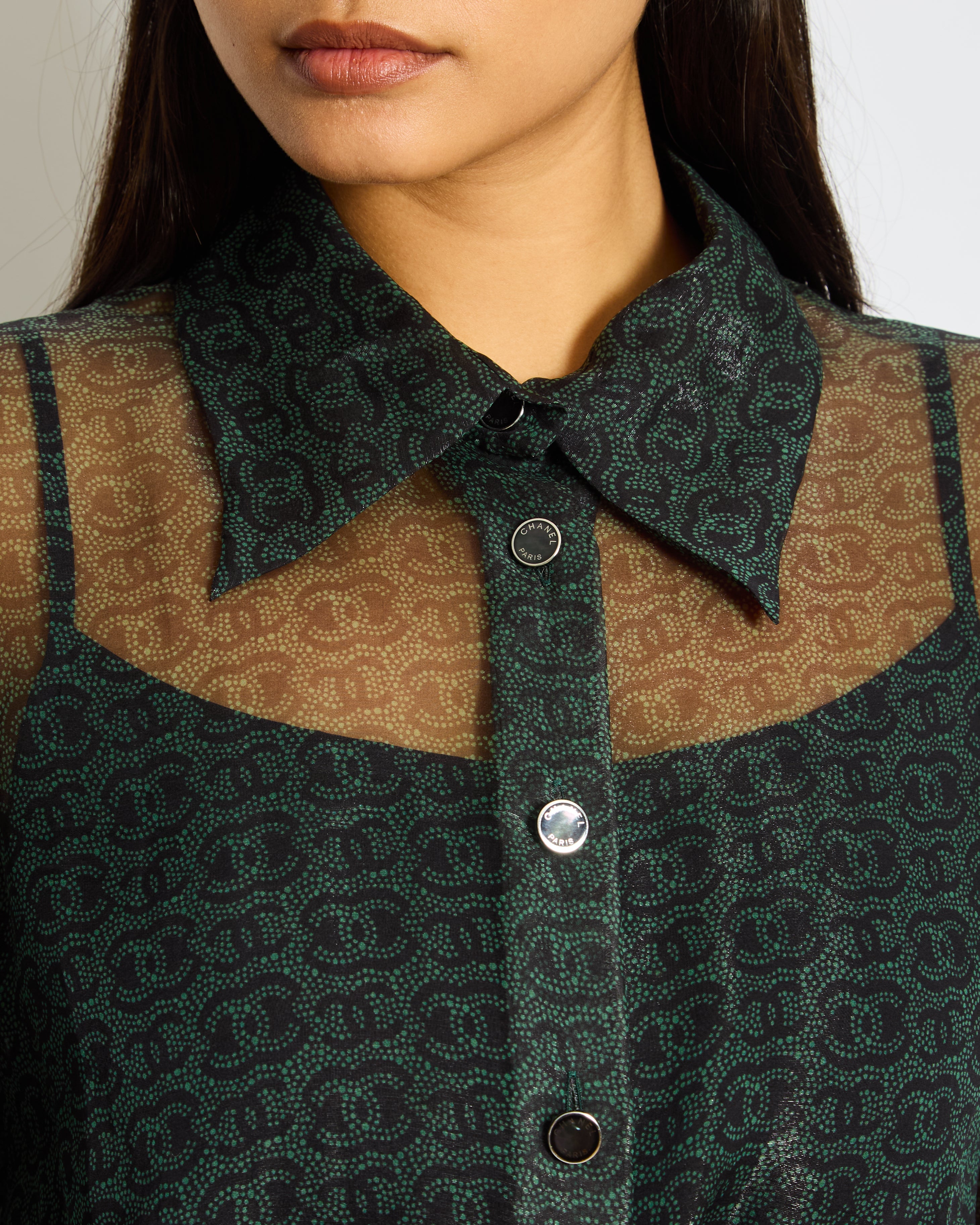Chanel Khaki Sheer CC Logo Long Sleeve Blouse Size FR 44 (UK 16)