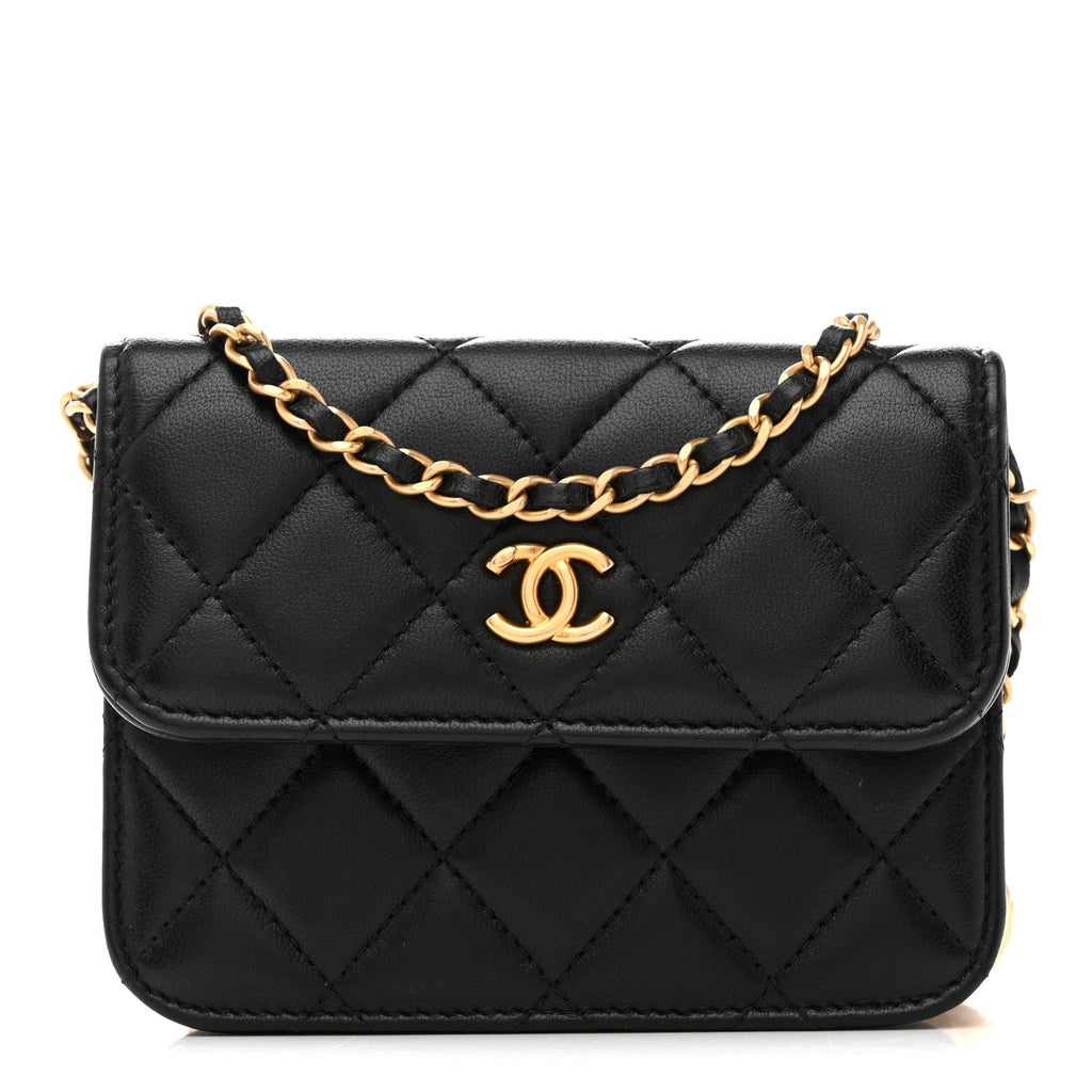 Chanel Lambskin Quilted Pearl Crush Clutch With Chain Black