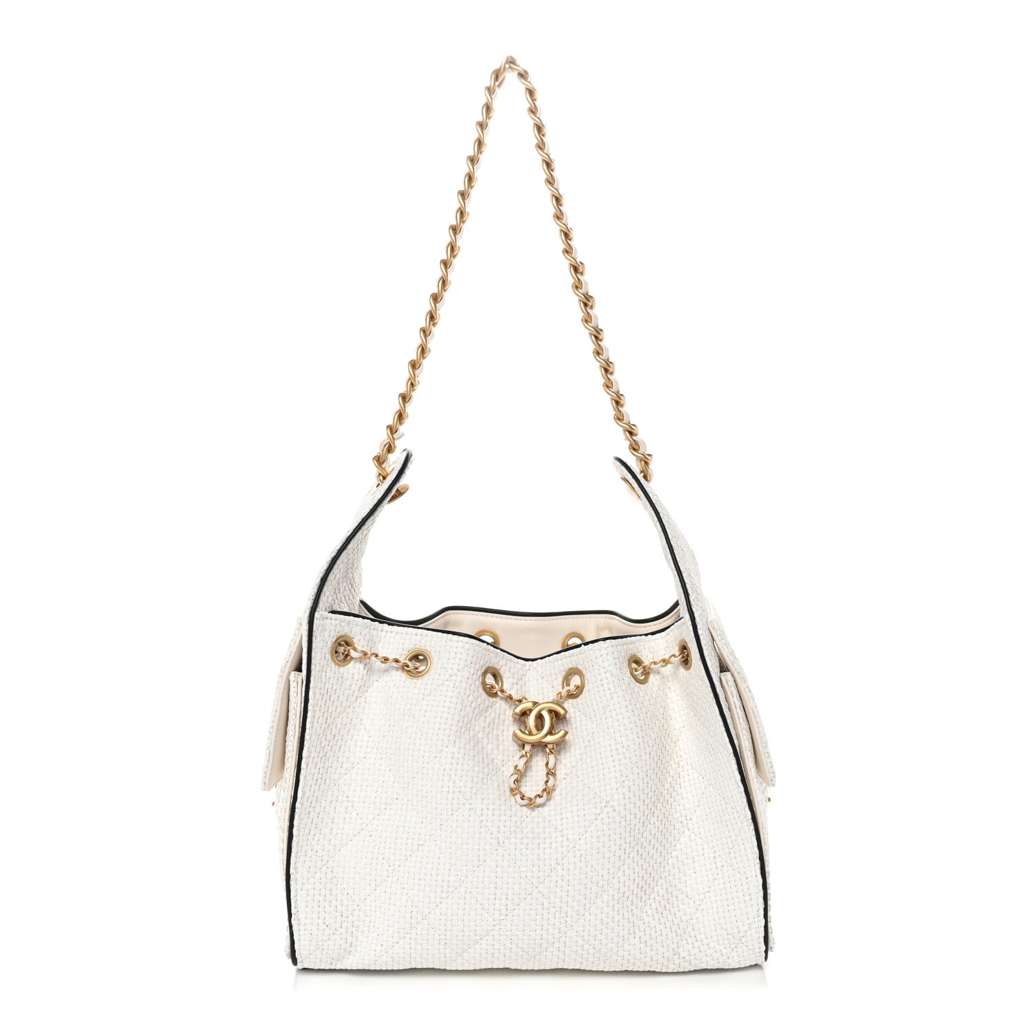 Chanel Braided Raffia Calfskin Quilted Small Chanel 25 Handbag White Black