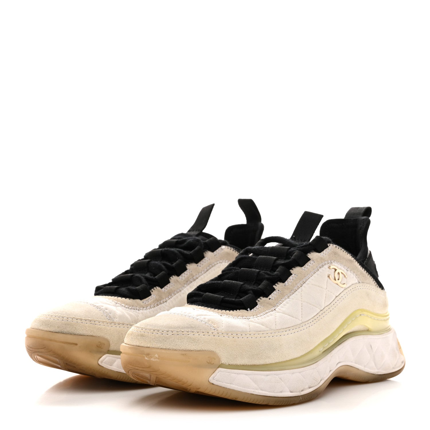 Chanel Velvet Calfskin Mixed Fibers CC Sneakers 36 Ivory Black