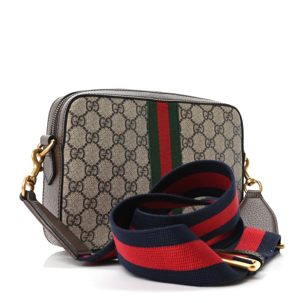 Gucci GG Supreme Monogram Textured Dollar Calfskin Web Ophidia Wristlet Shoulder Bag Beige Ebony New Acero