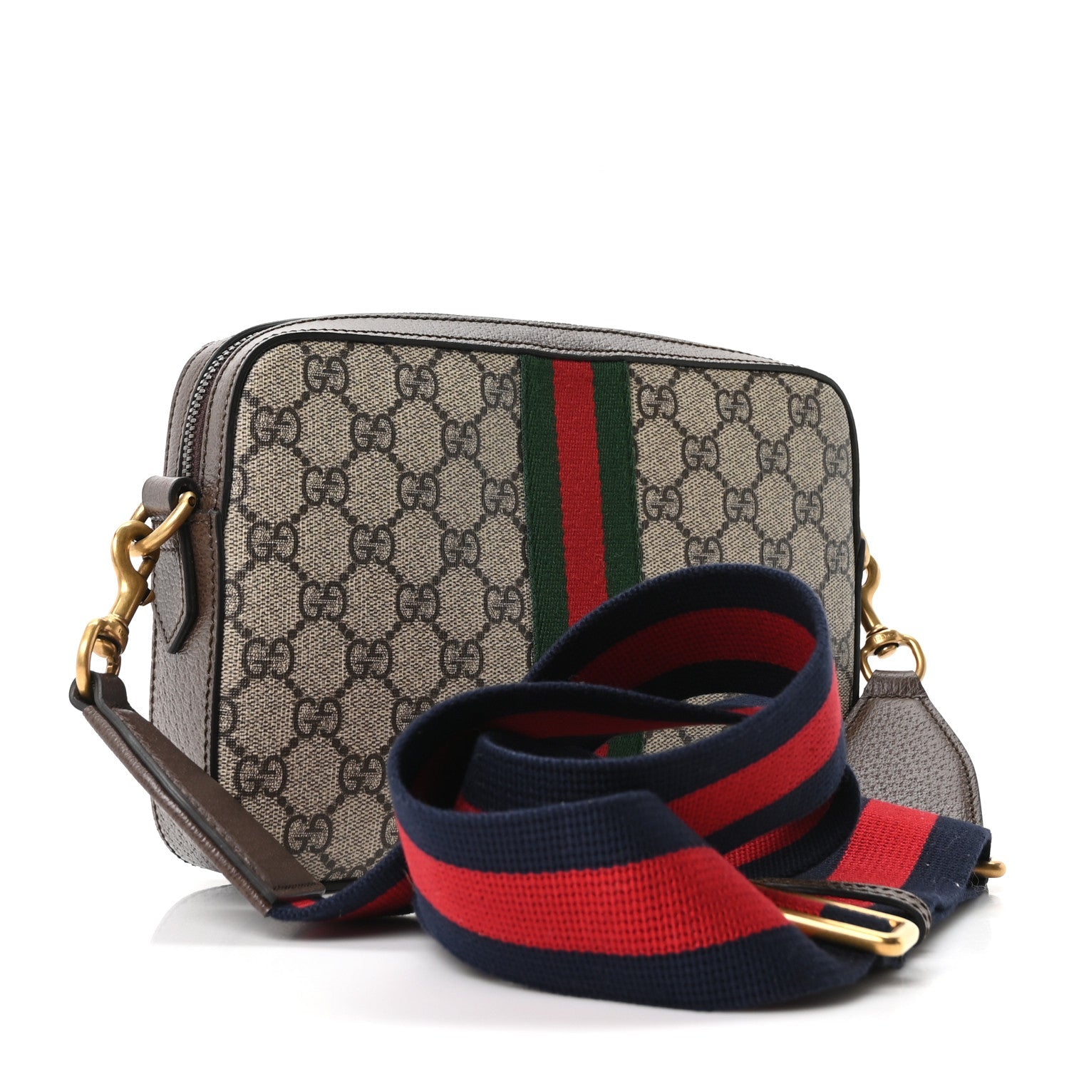 Gucci GG Supreme Monogram Textured Dollar Calfskin Web Ophidia Wristlet Shoulder Bag Beige Ebony New Acero