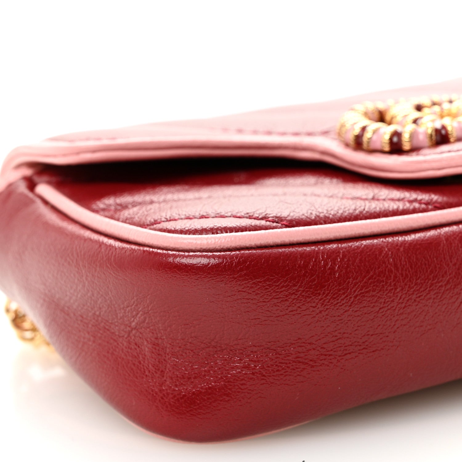 Gucci Azalea Calfskin Enamel Matelasse Diagonal Super Mini Torchon GG Marmont Shoulder Bag New Cherry Red Wild Rose