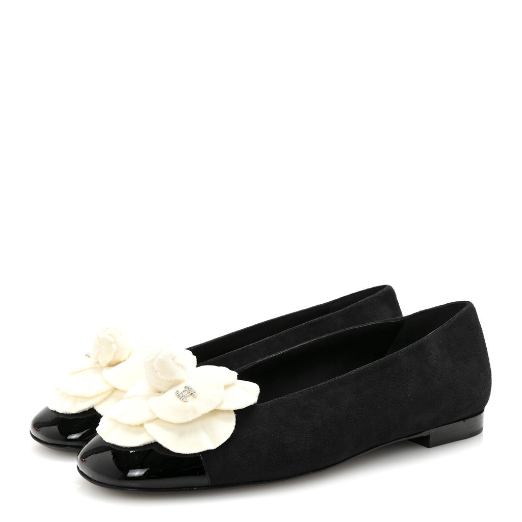 Chanel Suede Patent Cap Toe Camellia Ballerina Flats 39.5 Black White