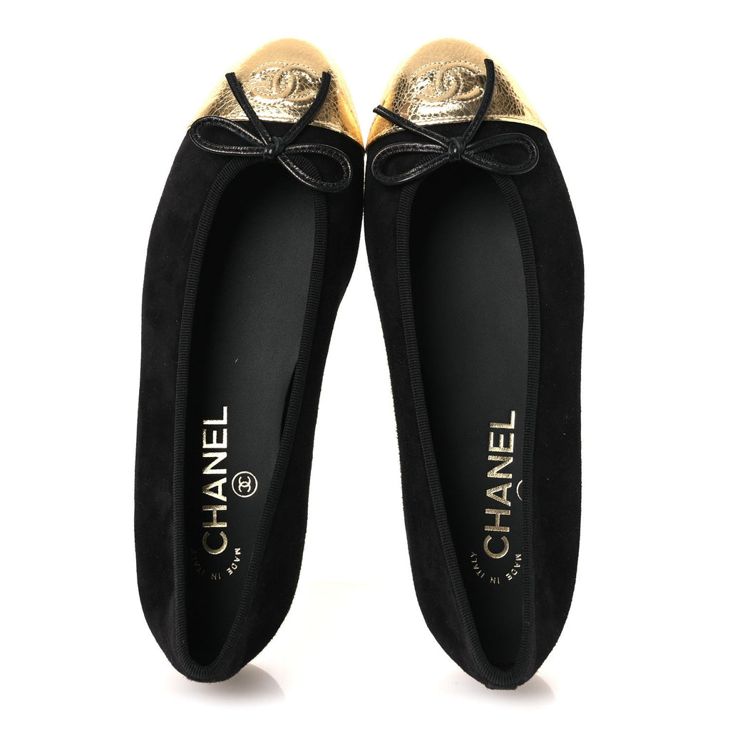 Chanel Suede Crackled Laminated Calfskin Cap Toe Ballerina Flats 36.5 Black Gold