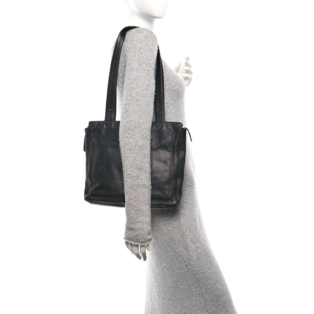 Chanel Caviar Embroidered Logo Shoulder Bag Black