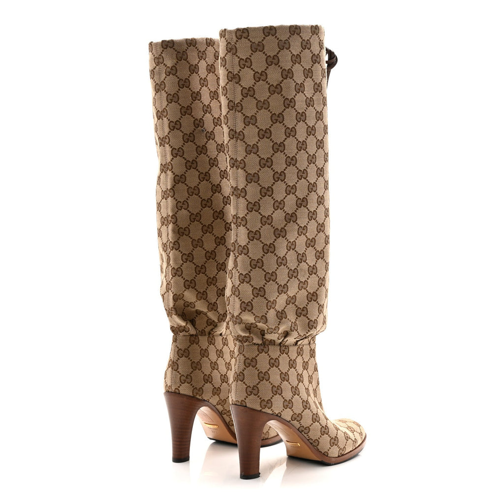 Gucci Monogram Malaga Kid Lisa Mid Heel Boots 37.5 Beige Ebony