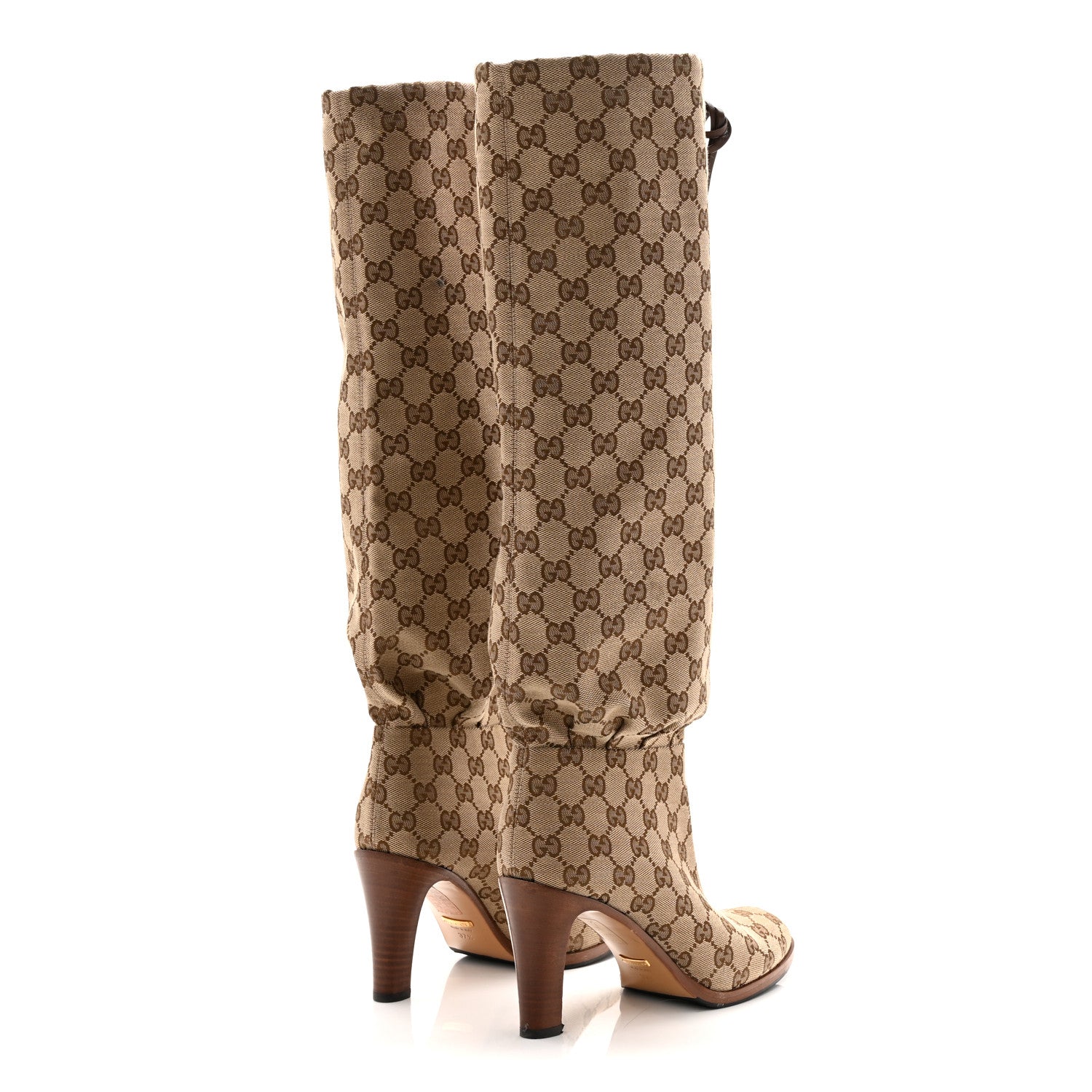 Gucci Monogram Malaga Kid Lisa Mid Heel Boots 37.5 Beige Ebony