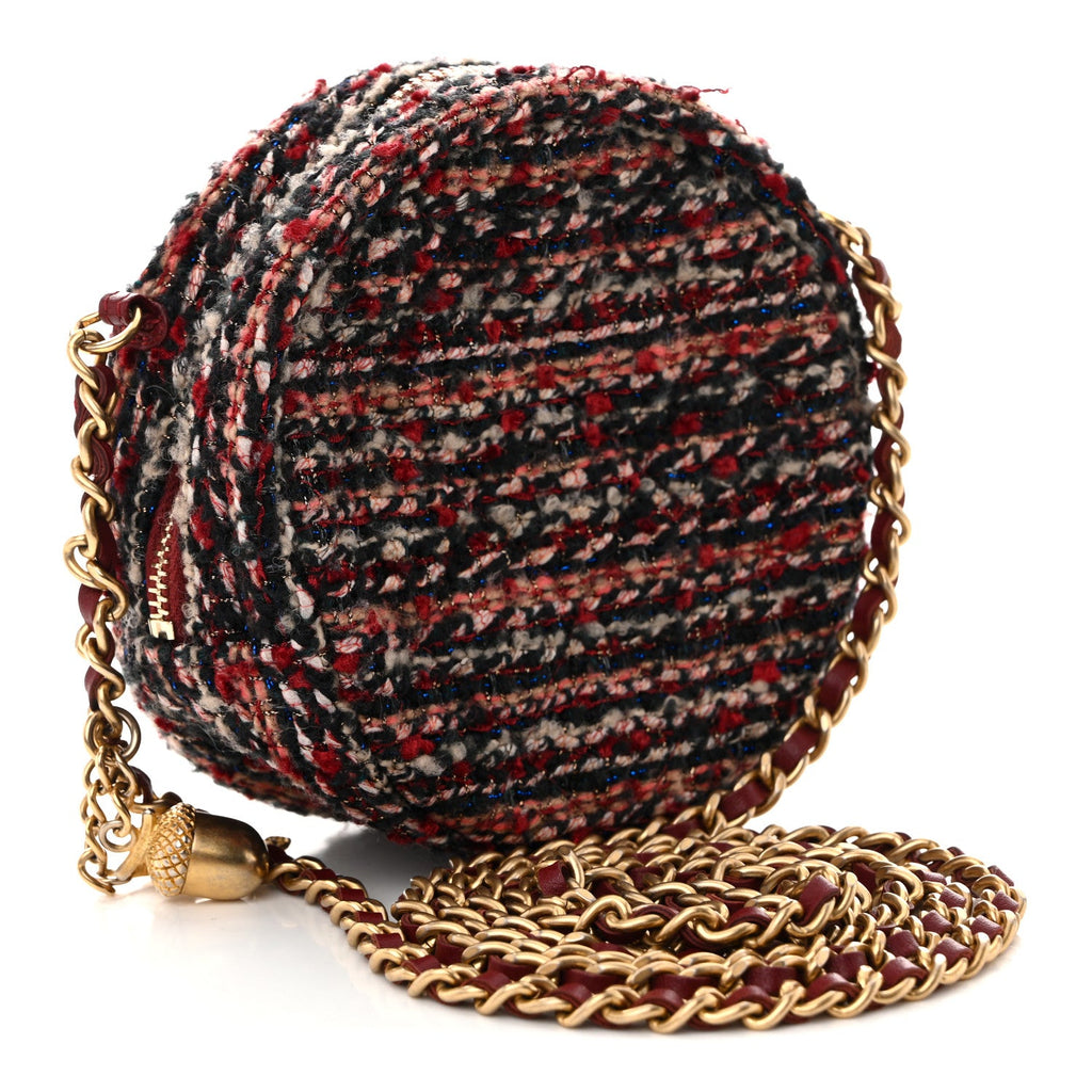 Chanel Tweed Quilted Round Clutch With Chain Red