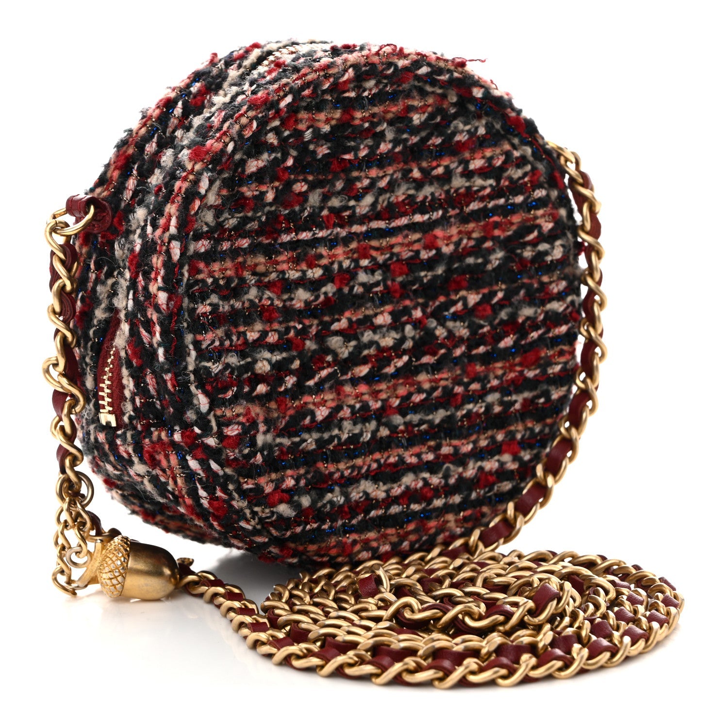 Chanel Tweed Quilted Round Clutch With Chain Red