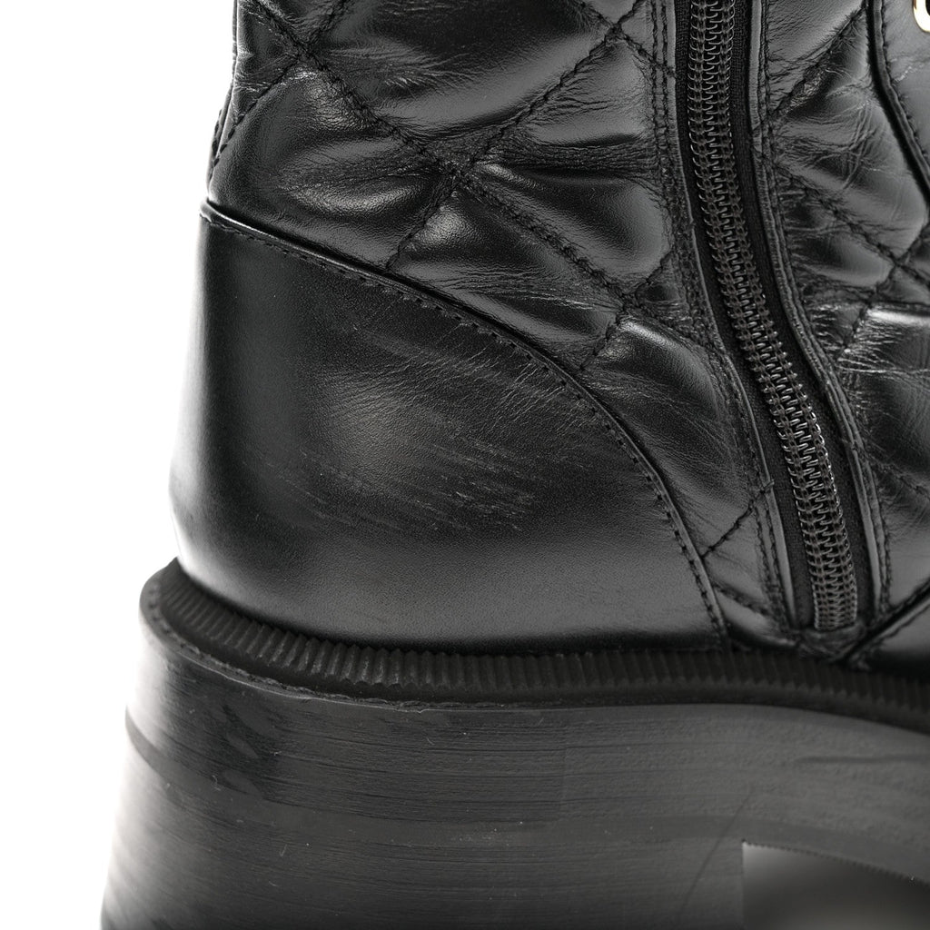 Calfskin Quilted Logo Lace Up Tall Combat Boots 37.5 Black