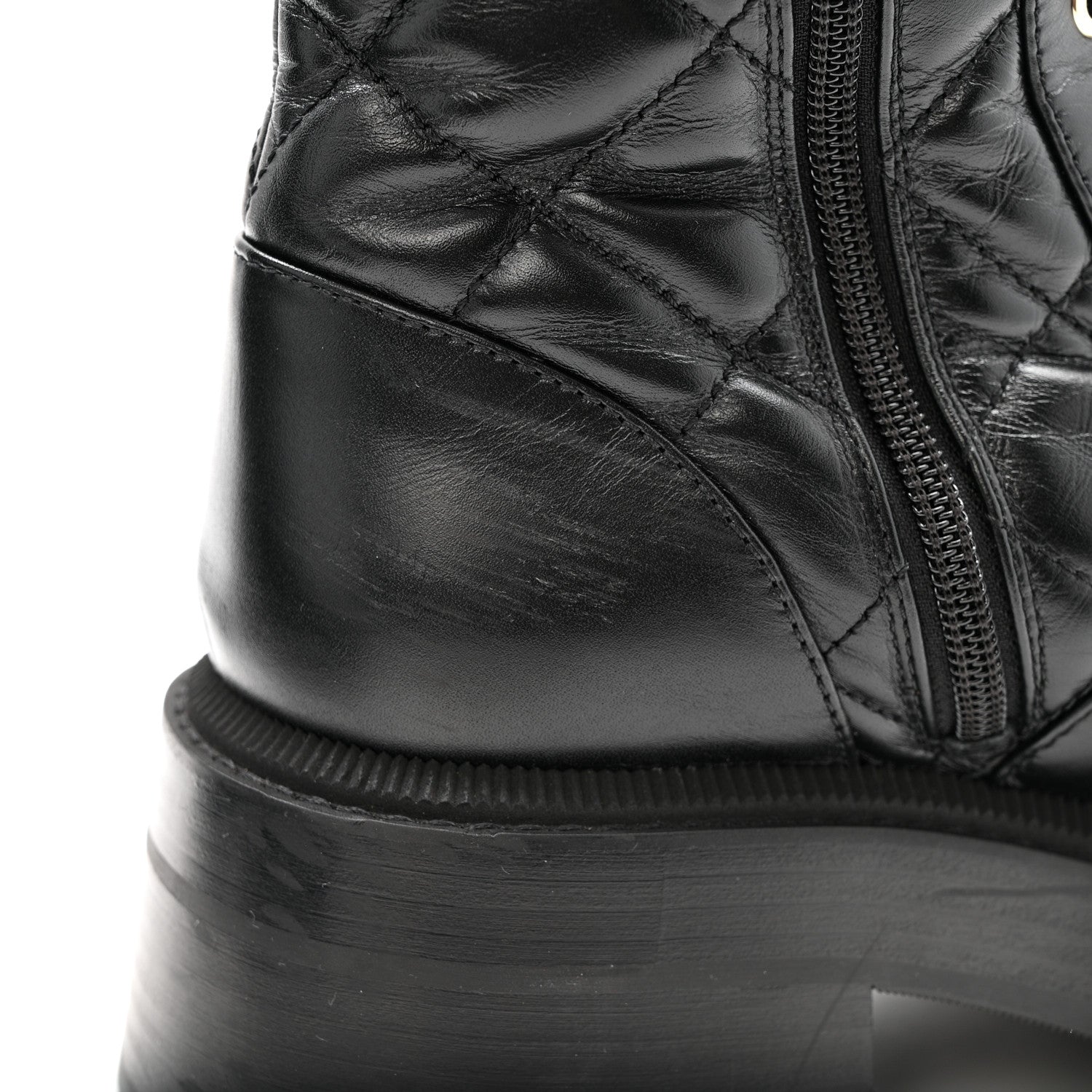 Calfskin Quilted Logo Lace Up Tall Combat Boots 37.5 Black