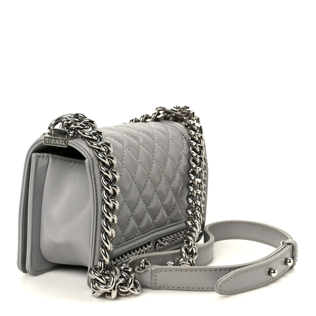 Chanel Iridescent Lambskin Quilted Small Chain Around Boy Flap Grey