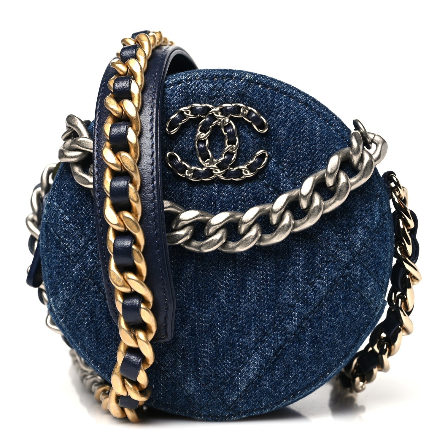 Chanel Denim Quilted Chanel 19 Round Clutch With Chain Blue