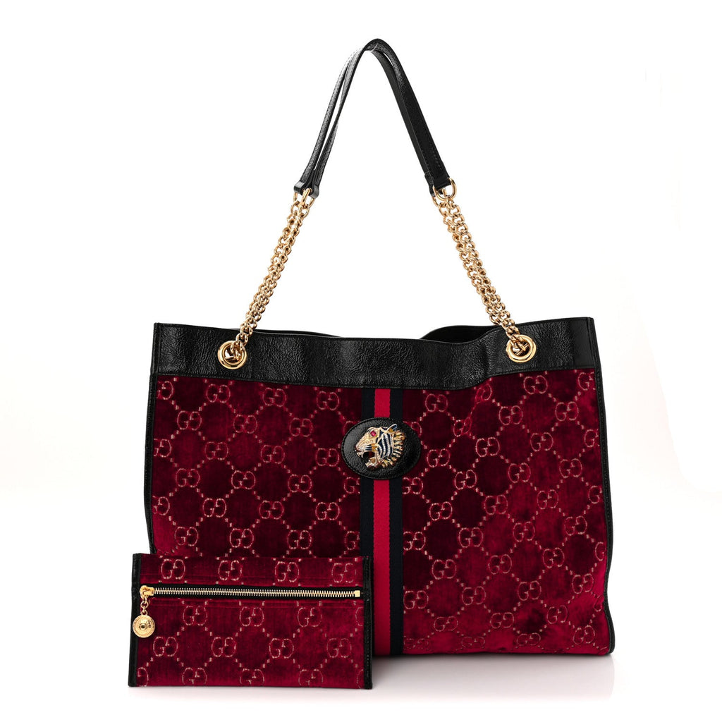Gucci Velvet GG Monogram Large Rajah Chain Tote Red Cipria Black