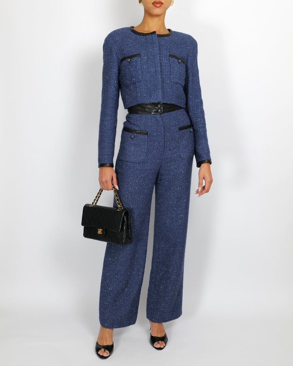 Chanel Cruise 2019 Blue Tweed Cropped Jacket and Trousers Set with CC Logo Buttons and Black Leather Trims Size FR 36/38 (UK 8/10)