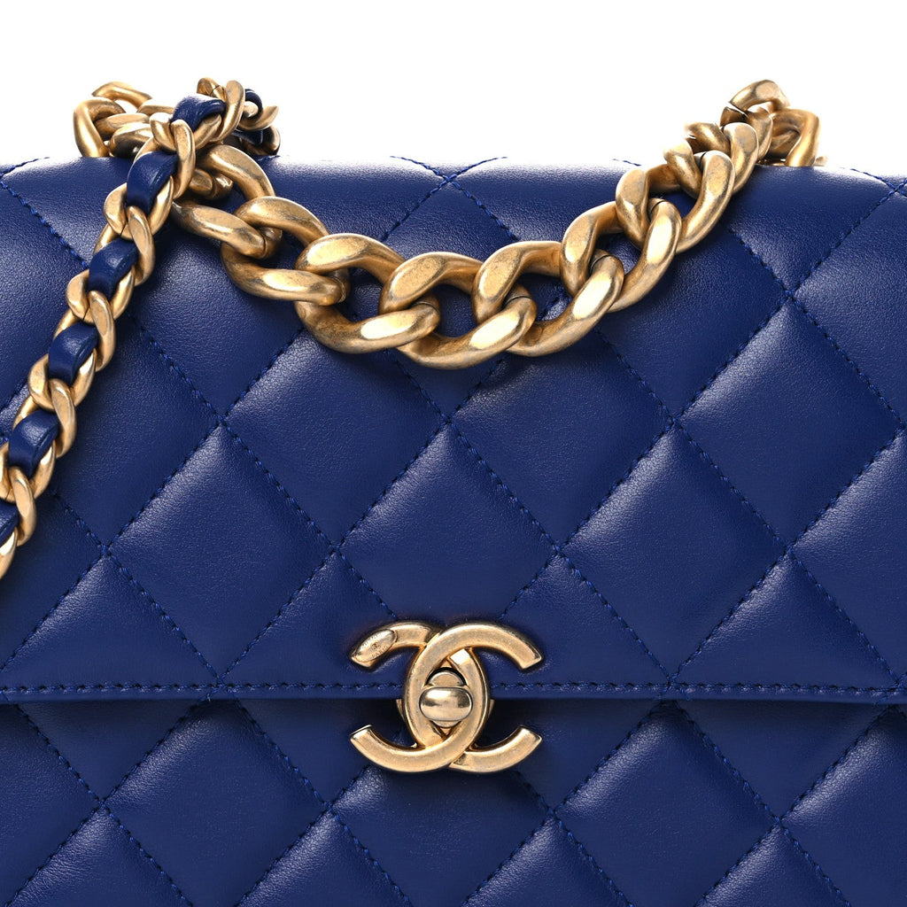 Chanel Calfskin Quilted Small Dual Handle Chain Flap Bag  Blue