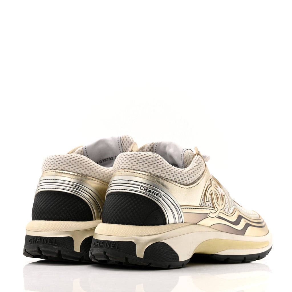 Fabric Laminated Calfskin Stretch CC Sneakers 36.5 White Gold Silver