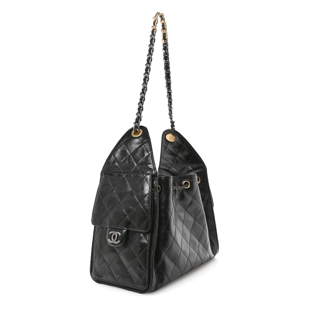 Chanel Shiny Crumpled Calfskin Quilted Small Chanel 25 Handbag Black