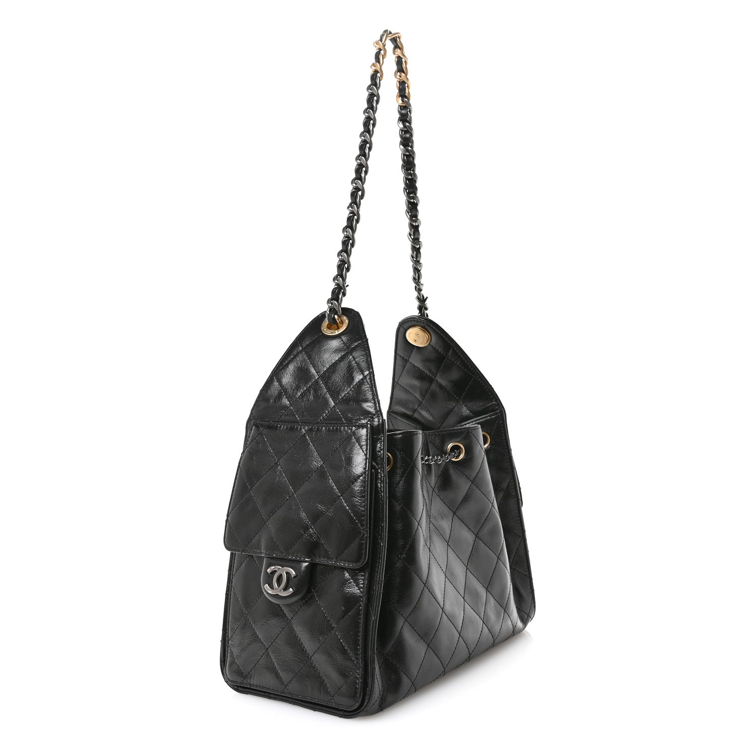 Chanel Shiny Crumpled Calfskin Quilted Small Chanel 25 Handbag Black