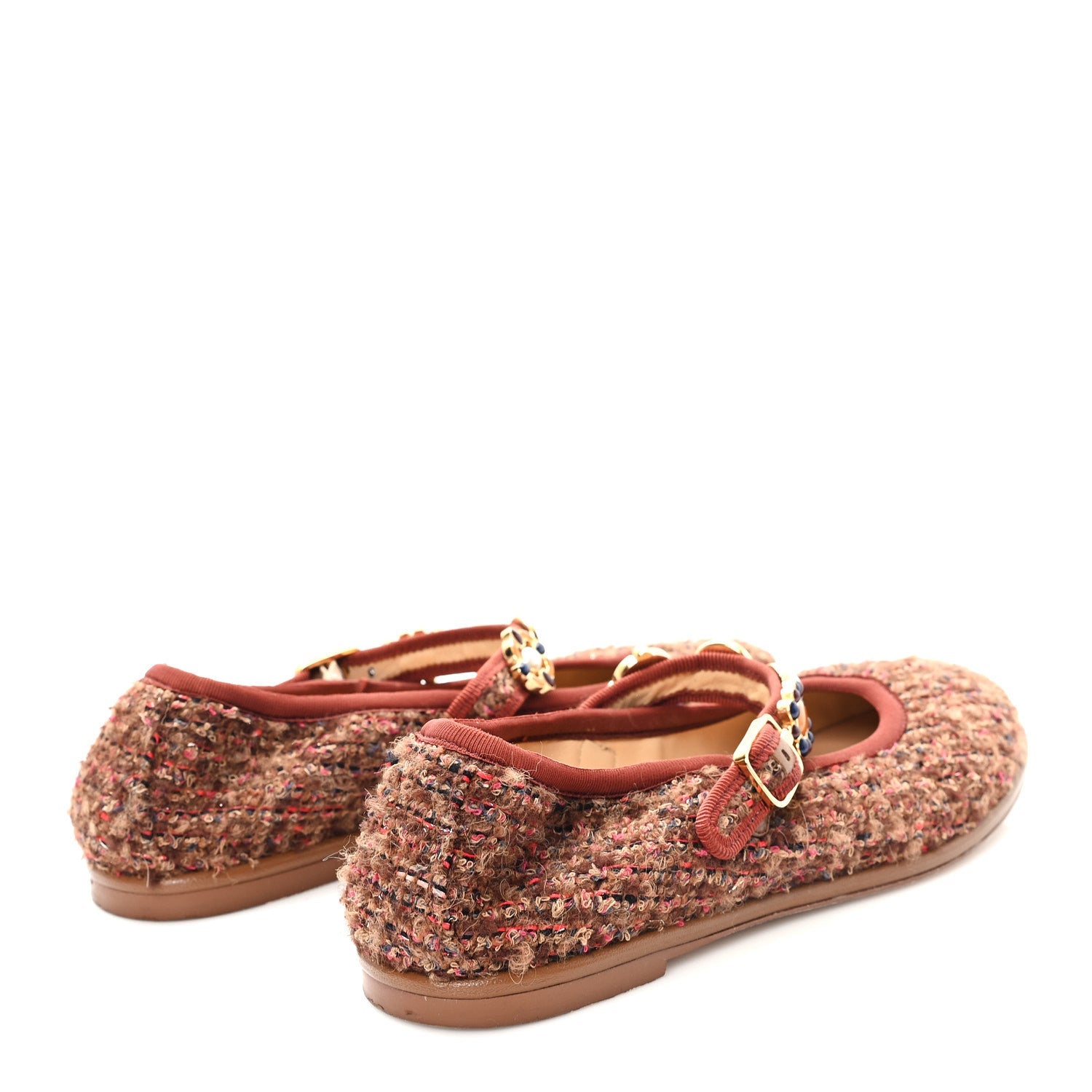 Chanel Wool Tweed Mary Jane Flats 37.5 Brown Red Dark Blue