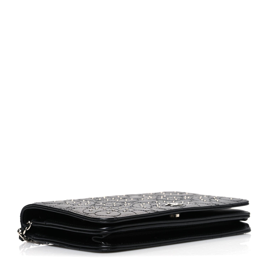 Chanel Lambskin Camellia Studded Wallet on Chain WOC Black
