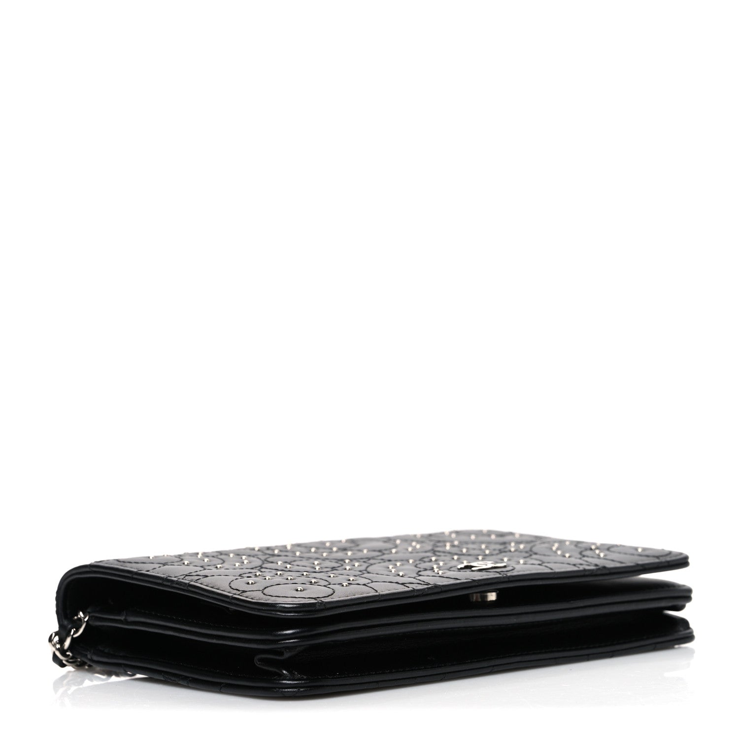 Chanel Lambskin Camellia Studded Wallet on Chain WOC Black