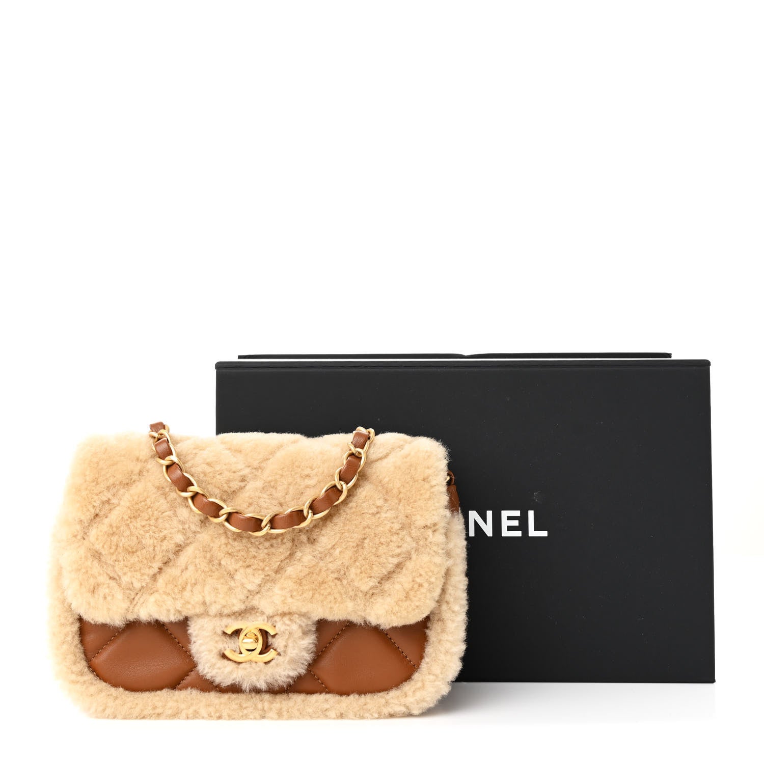 Chanel Shearling Lambskin Quilted Mini Furry Coco Flap Beige Brown